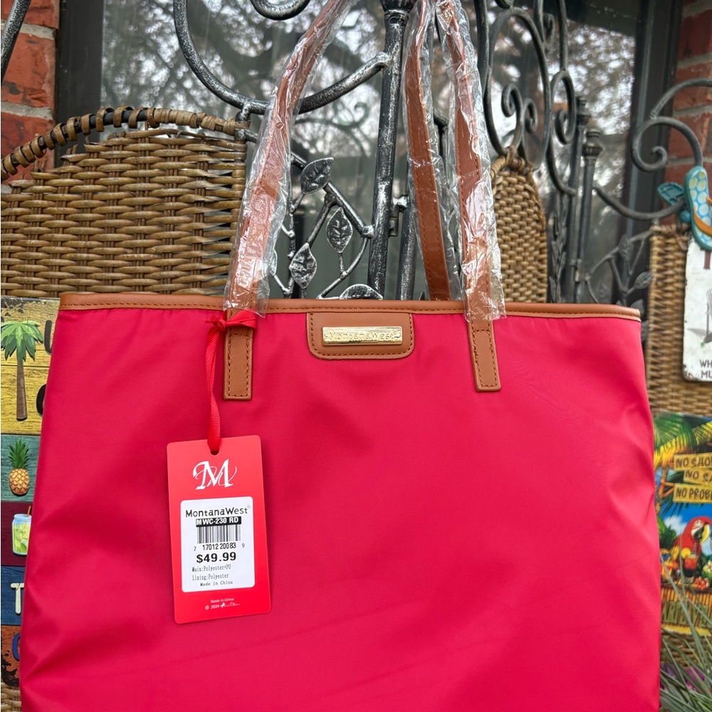 Montana West Red Tote with Brown Trim and Handles